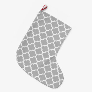 Grey Grey White Moroccan Quatrefoil Pattern #5 Large Christmas Stocking