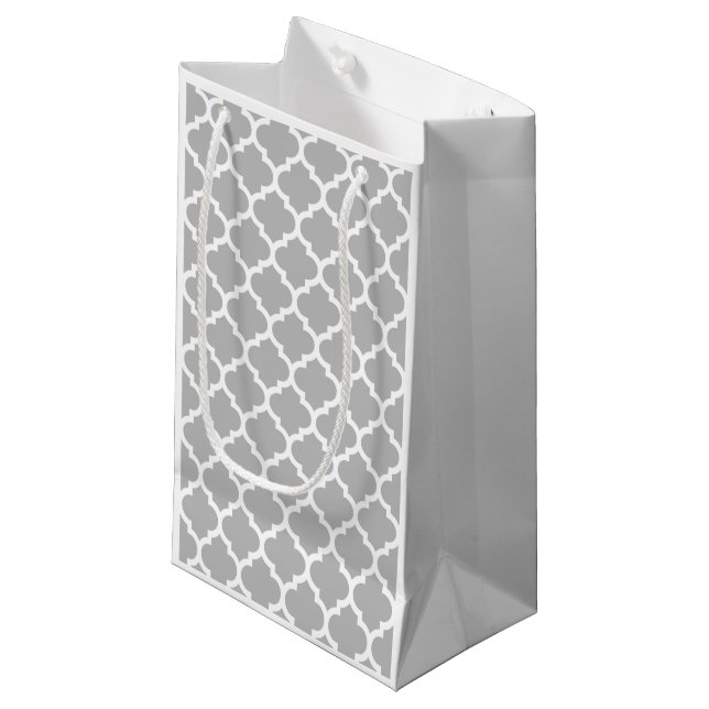 Grey Grey White Moroccan Quatrefoil Pattern #5 Small Gift Bag (Front Angled)