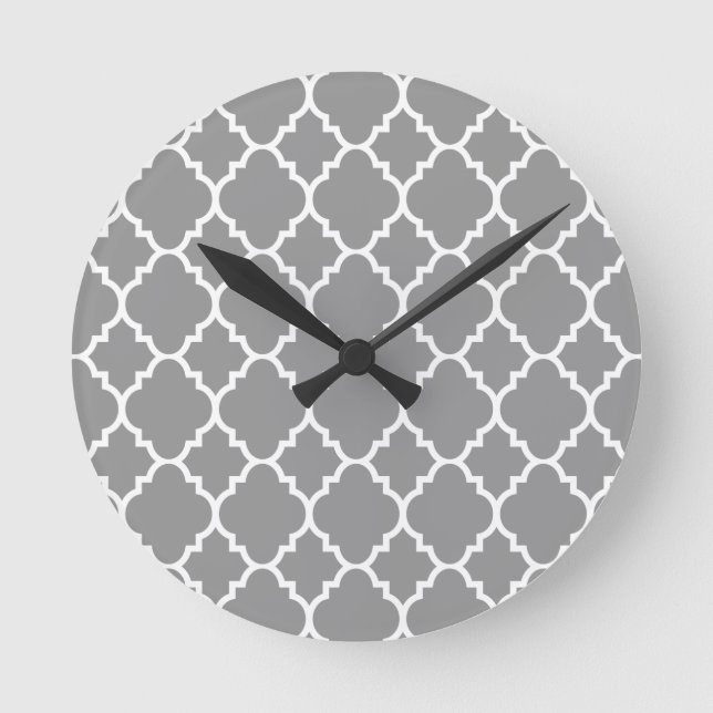 Grey Grey White Quatrefoil Moroccan Pattern Round Clock (Front)