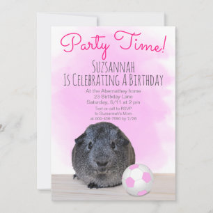 Grey Guinea Pig Girly Pink Soccer Ball Custom Invitation