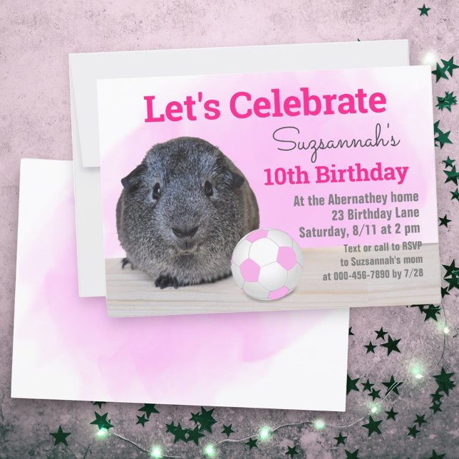 Grey Guinea Pig Girly Pink Soccer Ball Custom  Invitation (Front & back cute guinea pig soccer ball invitation)