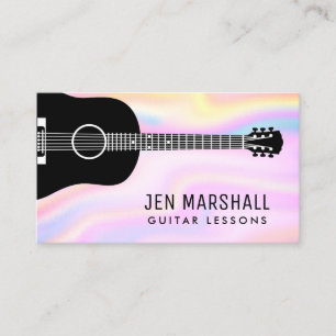 grey guitar silhouette on faux iridescent design business card