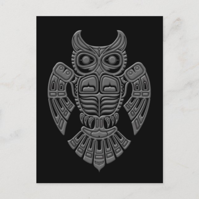 Grey Haida Spirit Owl on Black Postcard (Front)