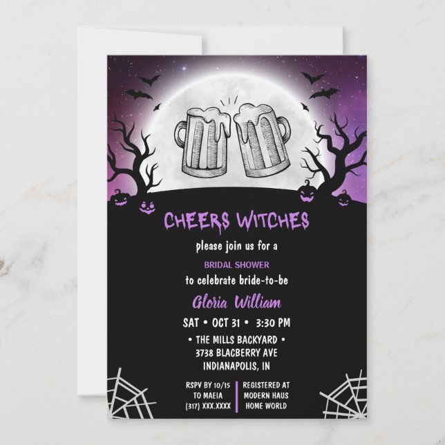 Grey Halloween Bridal Shower - Cheers Witches Invitation (Front)
