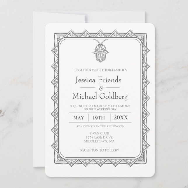grey hamsa geometric wedding invitation (Front)