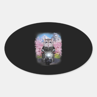 Grey Hamster On Motorcycle Tour Japanese Oval Sticker