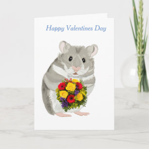 Grey Hamster with a bouquet editable Valentine’s Holiday Card