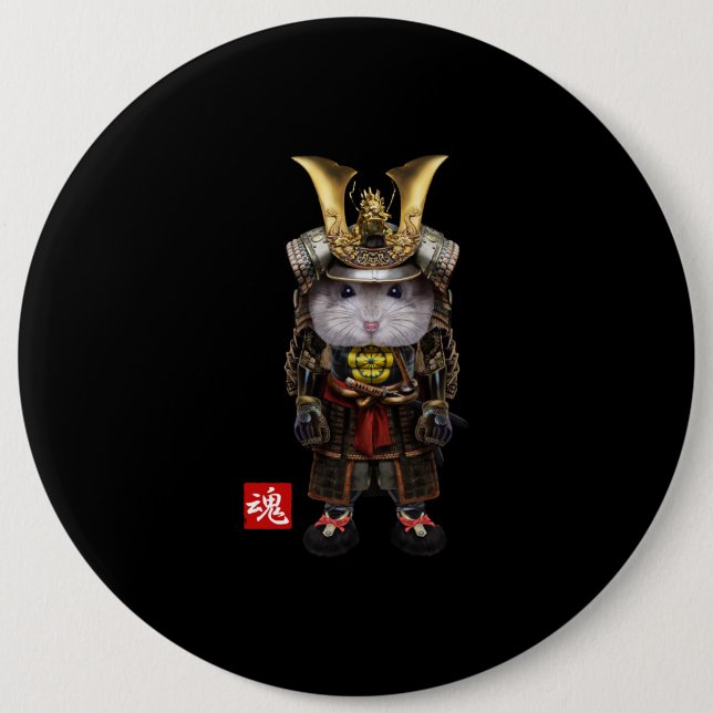 Grey  Hamster With Japanese Samurai 6 Cm Round Badge (Front)