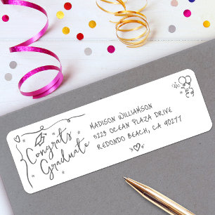 Grey Hand Drawn Doodle Graduation White Address Return Address Label