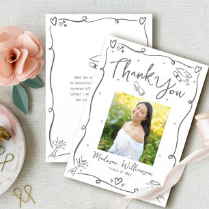 Grey Hand Drawn Doodles Photo Graduation White Thank You Card