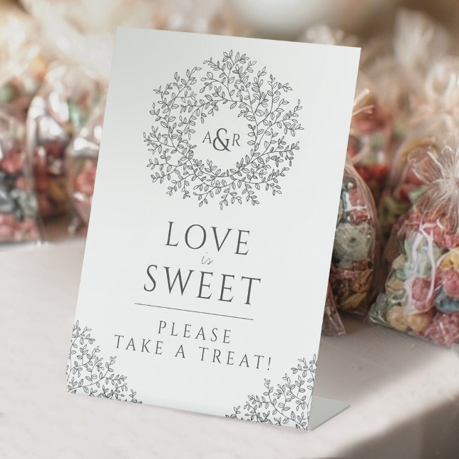 Grey hand drawn leaf monogram sweet wedding pedestal sign (Creator Uploaded)