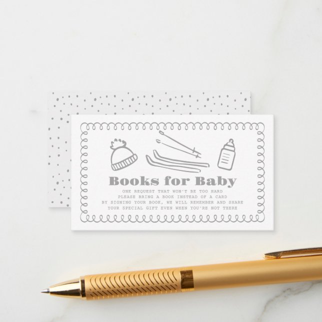 Grey Hand-Drawn Ski Baby Book Request Enclosure Card (Front/Back In Situ)