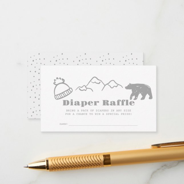 Grey Hand-Drawn Winter Baby Diaper Raffle Ticket Enclosure Card (Front/Back In Situ)