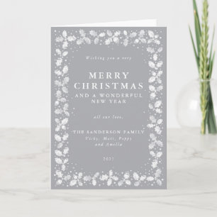 Grey Hand Printed Holly Leaves Border Non Photo Holiday Card