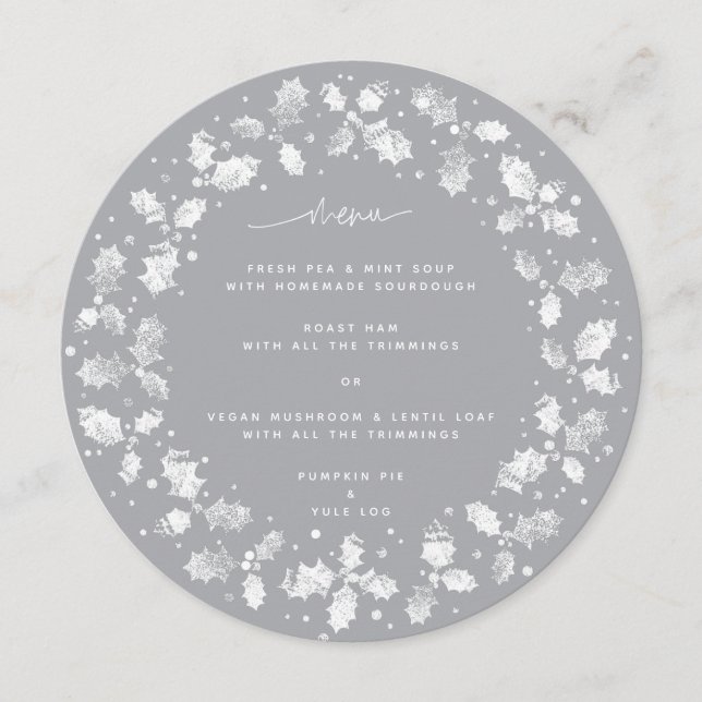 Grey Hand Printed Holly Wreath Christmas Menu (Front)