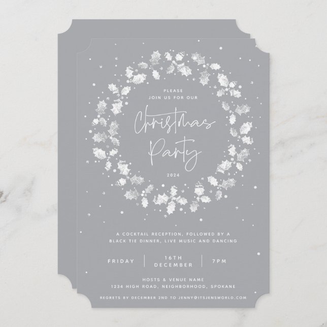 Grey Hand Printed Holly Wreath Christmas Party Invitation (Front/Back)