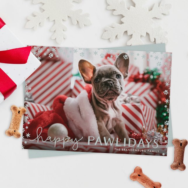 Grey Happy Pawlidays Pet Lover Holiday Photo Card (paw print snowflakes happy pawlidays Christmas holiday photo cards for pet parents)