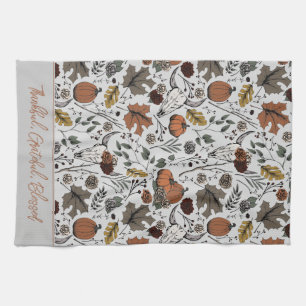 Grey Harvest and Horns Thankful Grateful Blessed Tea Towel