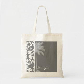 Grey Hawaiian Tropical Hibiscus; Summer Palm Tote Bag
