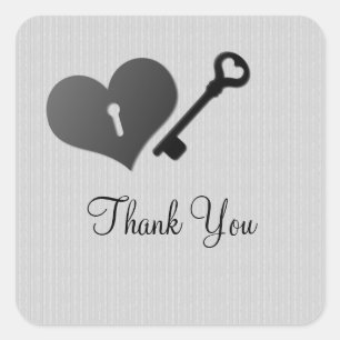 Grey Heart Lock and Key Thank You Stickers