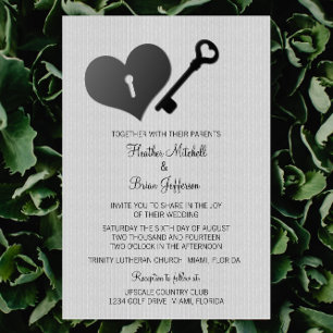 Grey Heart Lock and Key Wedding Invite