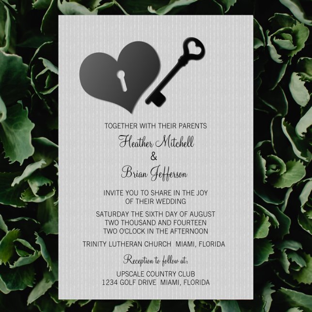 Grey Heart Lock and Key Wedding Invite (Gray Heart Lock and Key Wedding Invite)