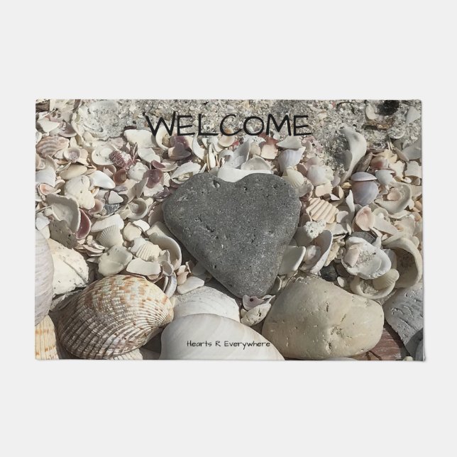 Grey heart stone on beach large doormat (Front)