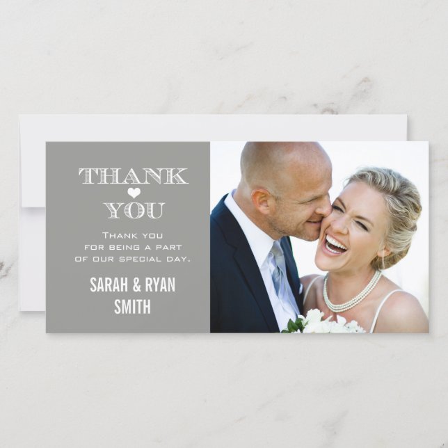 Grey Heart Wedding Photo Thank You Cards (Front)