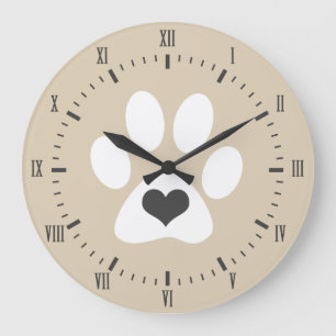 Grey Heart White Paw Print Roman Numerals Name Large Clock
