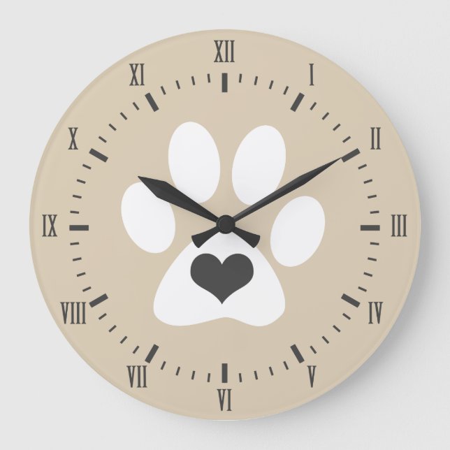 Grey Heart White Paw Print Roman Numerals Name Large Clock (Front)