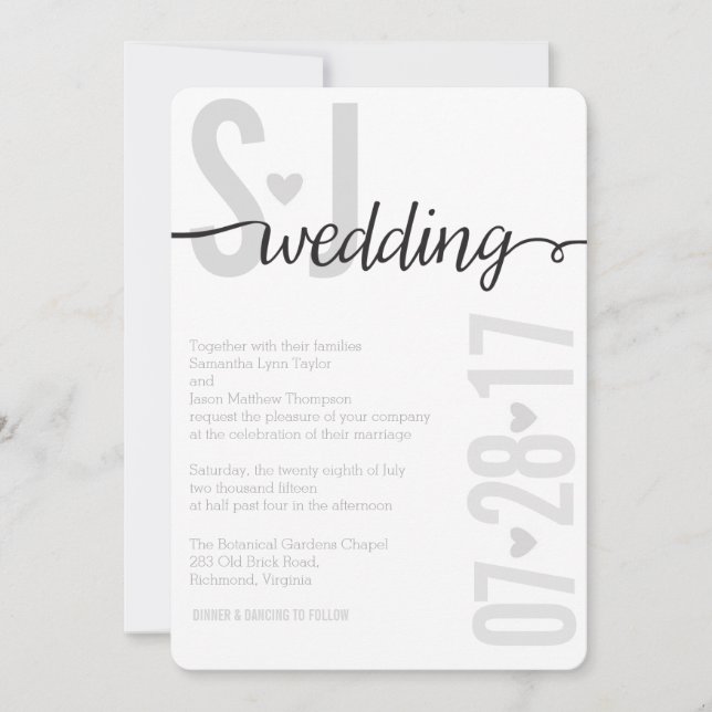 Grey Hearts & Chevron Bold Letters Wedding Invite (Front)