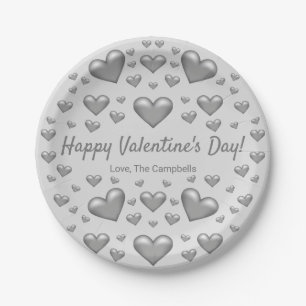 Grey Hearts Happy Valentine's Day & Custom Text Paper Plate