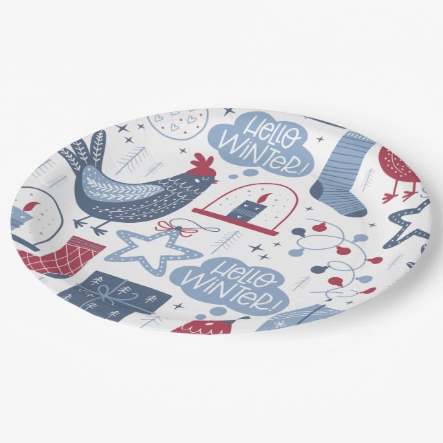 Grey Hello Winter Christmas Illustration Paper Paper Plate (Angled)