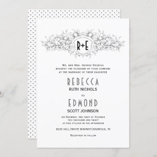 Grey heraldic crest with initials wedding invitation