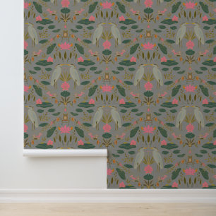 Grey heron pond Heritage Revival Arts and Crafts Wallpaper