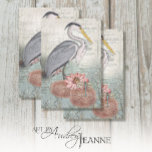 Grey Heron Water Lily Pond Vintage Decoupage Art Tissue Paper<br><div class="desc">LEFT hand side for doors. 2 of 2 coordinating images. This is a vertical design layout that has a matching design when used together will create two large sized facing doors or one large surface. The design is placed over a rustic creamy white crackle painted weathered background that also has...</div>