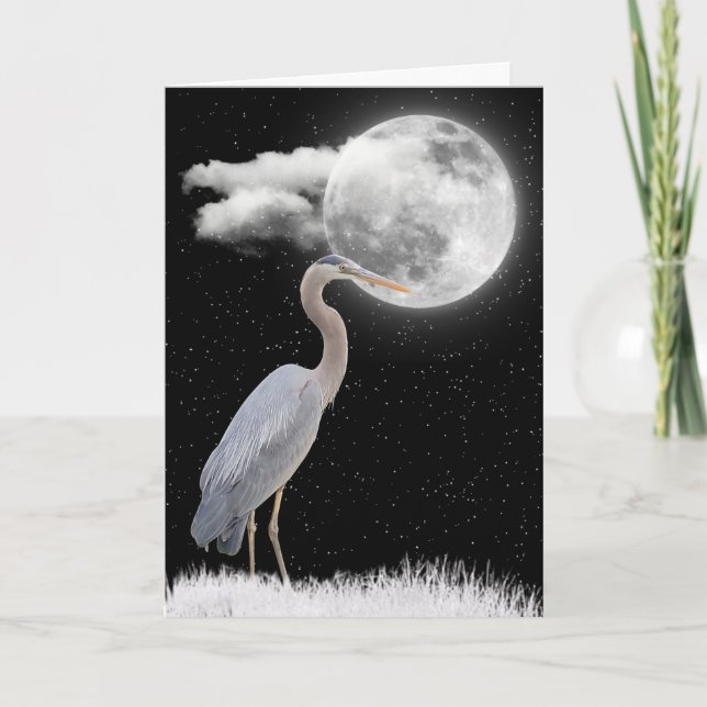 Grey Heron With Full Moon Birthday Card (Front)