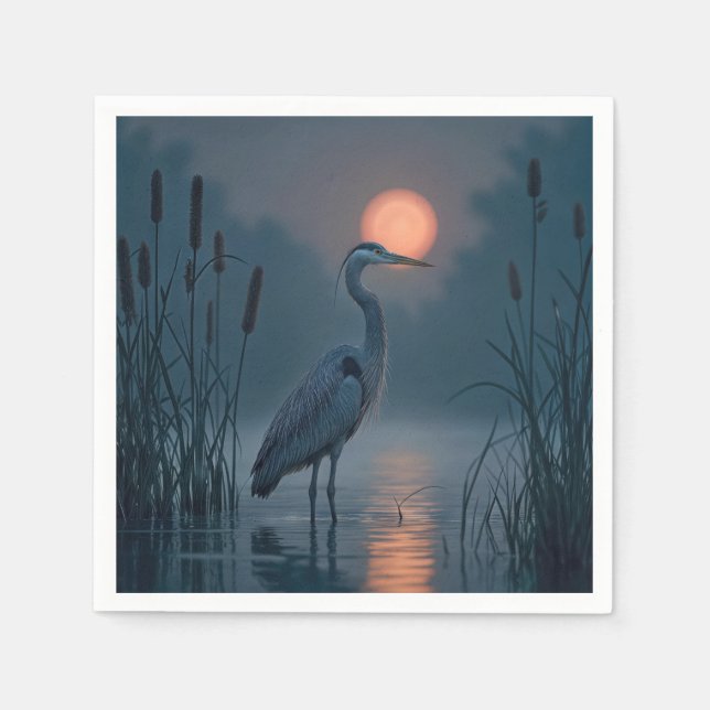 Grey Heron With Pink Moon Napkin (Front)