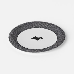 Grey Herringbone Black Scottie Paper Plate