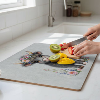 Grey Highland Cow With Florals Cutting Board
