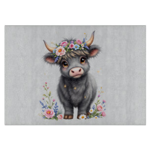 Grey Highland Cow With Florals Cutting Board