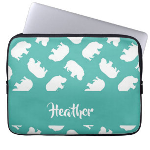 Grey hippo silhouette on teal laptop sleeve