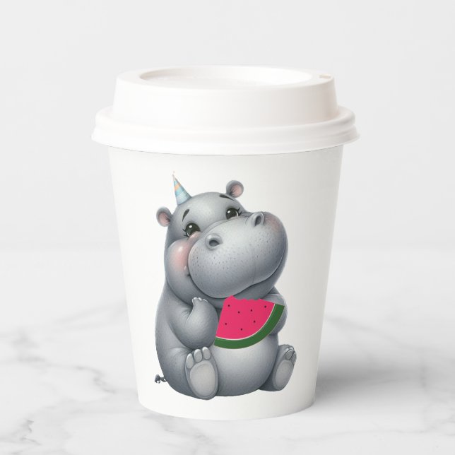 Grey Hippo Watermelon Birthday  Paper Cups (Front)