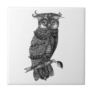 Grey Hoot Owl with Orchids Ceramic Tile