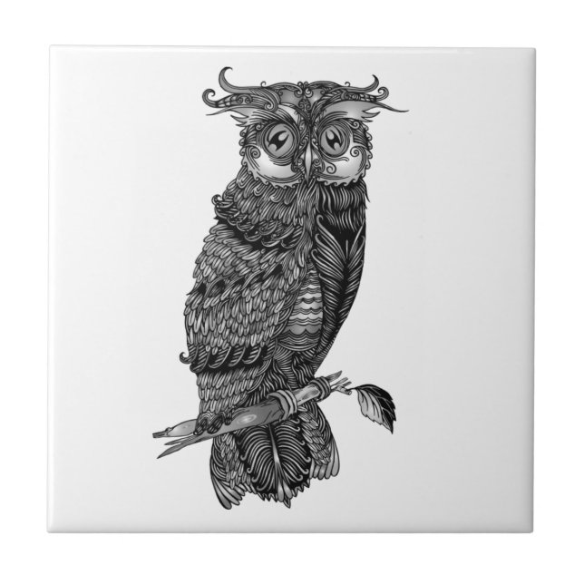 Grey Hoot Owl with Orchids Ceramic Tile (Front)