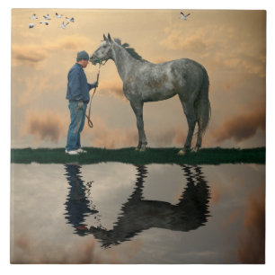Grey Horse And Groom OTTB Ceramic Tile