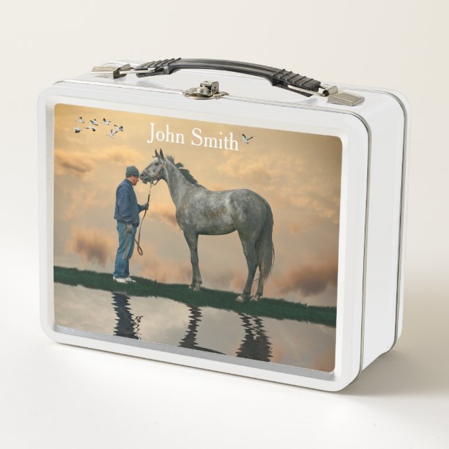 Grey Horse And Groom OTTB Lunch Box (Front)