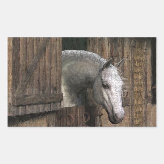 Grey Horse at the Stable Door Rectangular Sticker (Front)