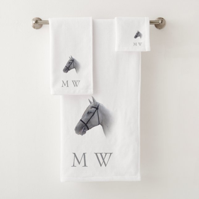 Grey Horse Design Monogrammed Bath Towel Set (Insitu)