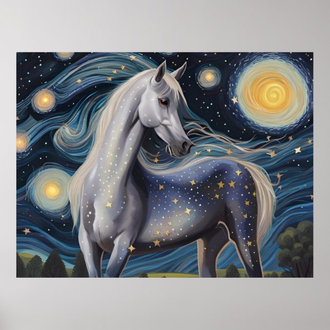 Grey Horse in a Starry Night Poster (Front)